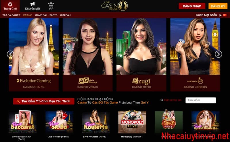 Giao diện trang web Live Casino House